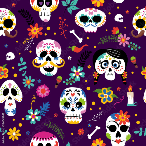 Dia de los Muertos (Day of the dead) Cute doodle design. Wrapping paper for Mexican Halloween. funny hand drawn doodle, textile graphic design. wallpaper, wrapping paper, background.