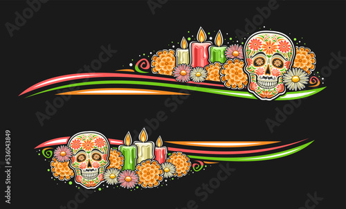 Vector border for Day of the Dead with blank copyspace for text, greeting card with illustration of decorative art spooky skull, colorful burning candles and festive orange flowers for day of the dead