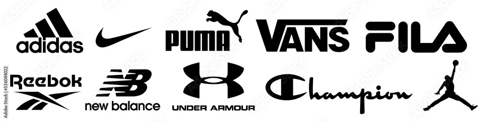 Collection of popular sportswear brands logo, Nike, Adidas, Under Armour,  Puma, Reebok, Champion, New Balance, Vans, Fila. Editorial vector. Vector  illustration EPS 10 Stock Vector | Adobe Stock