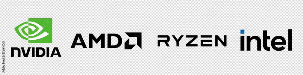 Company logos: Nvidia, Intel, AMD Ryzen. Logos of manufacturers of ...