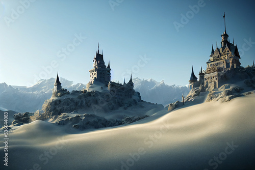Fantasy castle covered by snow in the mountain, digital artwork painting. 3D illustration