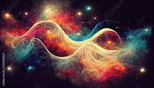 Abstract and fantastical colorful galaxies with flowing cloth, stars twinkling brightly against a dark background reminiscent of outer space. Concept art that looks like outer space.