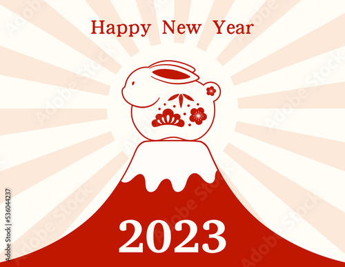 2023 Japanese New Year cute red and white rabbit on mt Fuji, rays of rising sun, typography. Hand drawn vector illustration. Flat style design. Concept for holiday card, banner, poster, decor element.