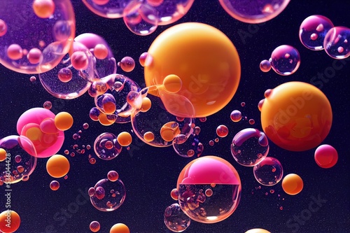 3D render animationn with liquid transparent bubbles explosion and flying away. Nice 3d spheres with reflection. photo