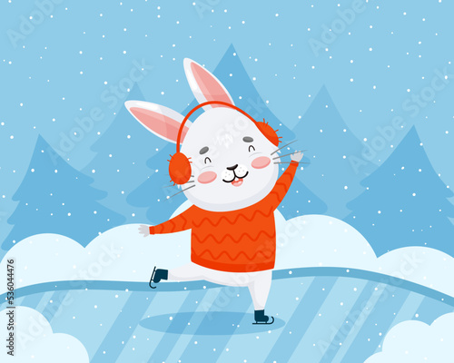 A gray rabbit skates in winter against the backdrop of snow and fir trees. Happy bunny in fur ears on ice. Vector children's background with winter landscape
