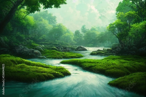 Nature scene with river and forest illustration