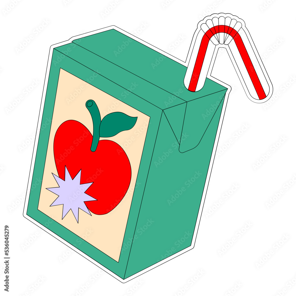 Apple juice box sticker vector illustration in line filled design Stock