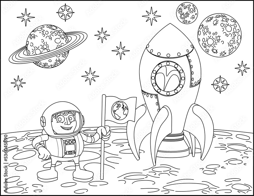 Rocket astronaut and Planets Space Cartoon Scene