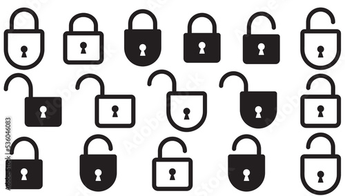 Lock icons set. Open and closed padlock icons. Vintage set lock icons.