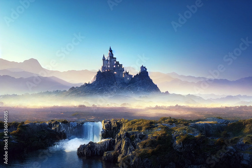 Fantasy castles on the green mountain with waterfall background. 3D illustration