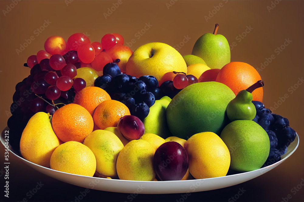 Different kinds of fruits isolated on the plate with pastel wall background. 3D illustration Different kinds of fruits isolated on the plate with pastel wall background. 3D illustration