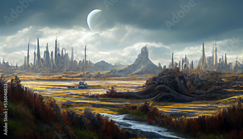 Fantasy sci-fi landscape with river dramatic sky, digital art painting background. 3D rendering
