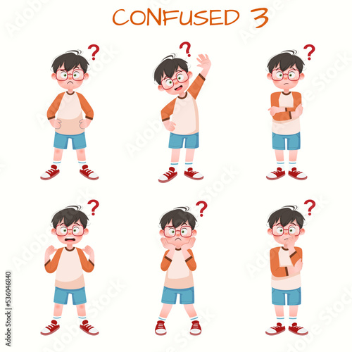 Set of kid boys showing confused expression.Vector illustration.