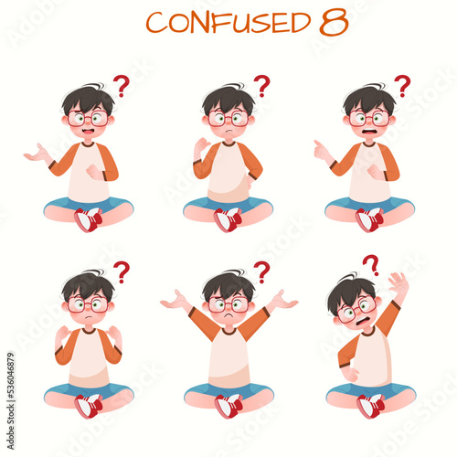 Set of kid boys showing confused expression.Vector illustration.