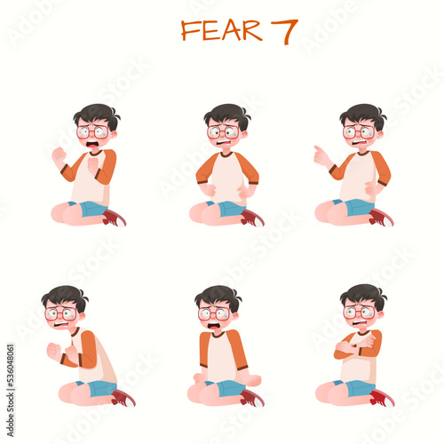 Set of kid boys showing fear expression.Vector illustration.