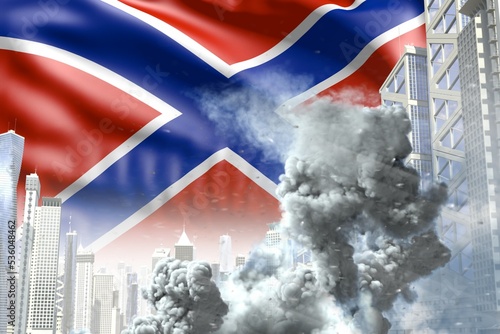 large smoke pillar in abstract city - concept of industrial catastrophe or terrorist act on Novorossia flag background, industrial 3D illustration photo