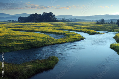 Gorgeous view of green mountain and river background. 3D illustration © ardanz
