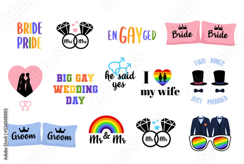 Gay Wedding photo booth props. Homosexual marriage. Stickers set. Vector