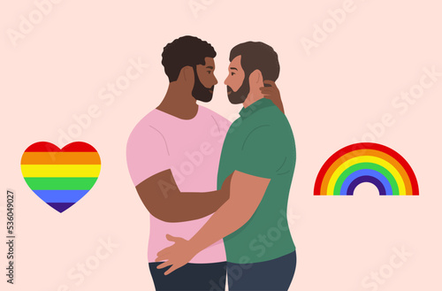 Gay couple in love. Homosexual beard men couple hugging. LGBT. Vector