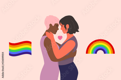 Gay couple in love. Lesbians hugging. LGBT. Vector