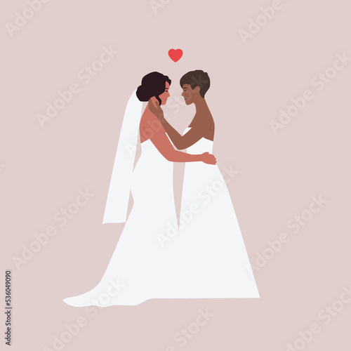 Two brides. Lesbian wedding. Gay marriage. Homosexual women hug each other. Vector