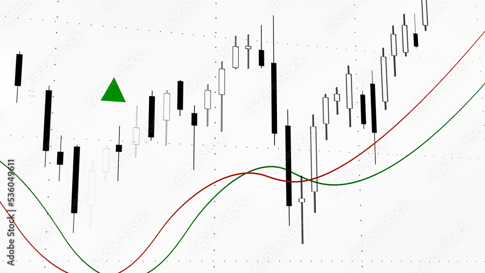 Stock market candle stick chart moving up. Chart with white and black candle sitck and moving averages. Stock exchange, investment, reserach and trading concept. 3D illustration Stock market candle stick chart moving up. Chart with white and black candle sitck and moving averages. Stock exchange, investment, reserach and trading concept. 3D illustration