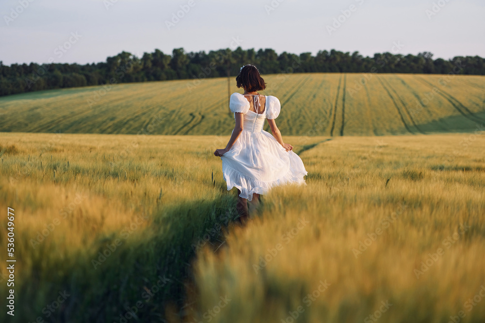Rear view. Beautiful young bride in white dress is on the agricultural field at sunny day Rear view. Beautiful young bride in white dress is on the agricultural field at sunny day