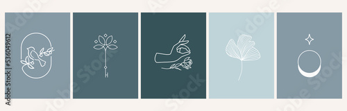 A set of female hand logos in a minimal linear style. Vector logo design Templates with different hand gestures, moon, stars and Crystal. For cosmetics, beauty, tattoo, Spa, manicure, jewelry store