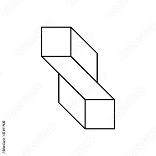 Impossible twisted rectangle shape. Esher penrose geometric figure. Optical illusion, visual effect, mind trick. Unreal 3D object. Two connected cubes. Op art. Vector illustration, line icon, clip art photo