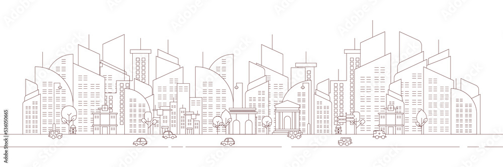 Futuristic outline urban landmark silhouette skyline cityscape with city car and panoramic buildings background vector illustration in flat design style