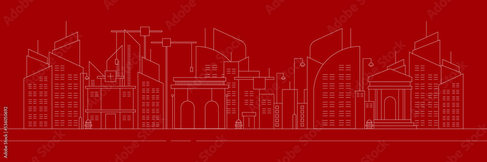 Futuristic outline urban landmark silhouette skyline cityscape with city car and panoramic buildings background vector illustration in flat design style on red background