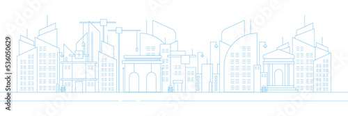 Futuristic outline urban landmark silhouette skyline cityscape with city car and panoramic buildings background vector illustration in flat design style
