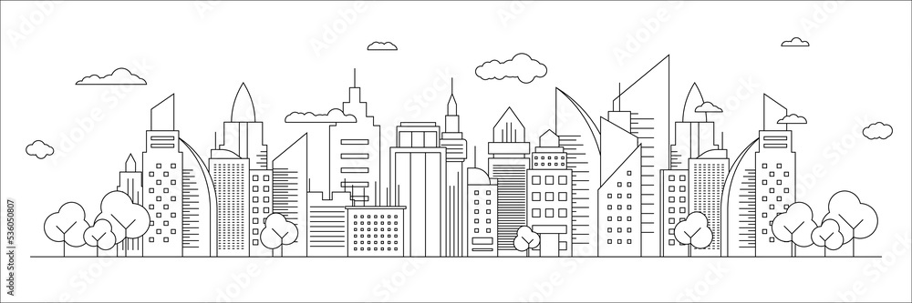 Futuristic outline urban landmark silhouette skyline cityscape with city car and panoramic buildings background vector illustration in flat design style on white background