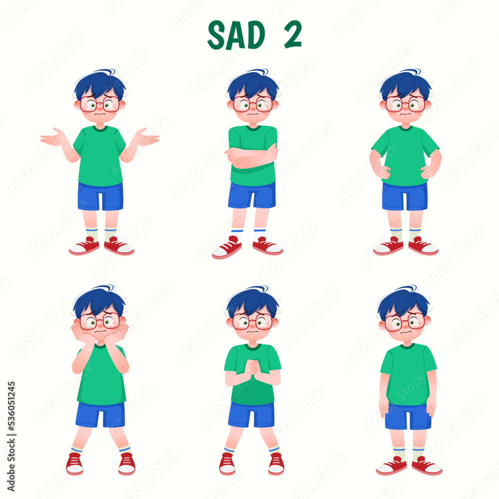 Set of kid boys showing sad expression.Vector illustration.