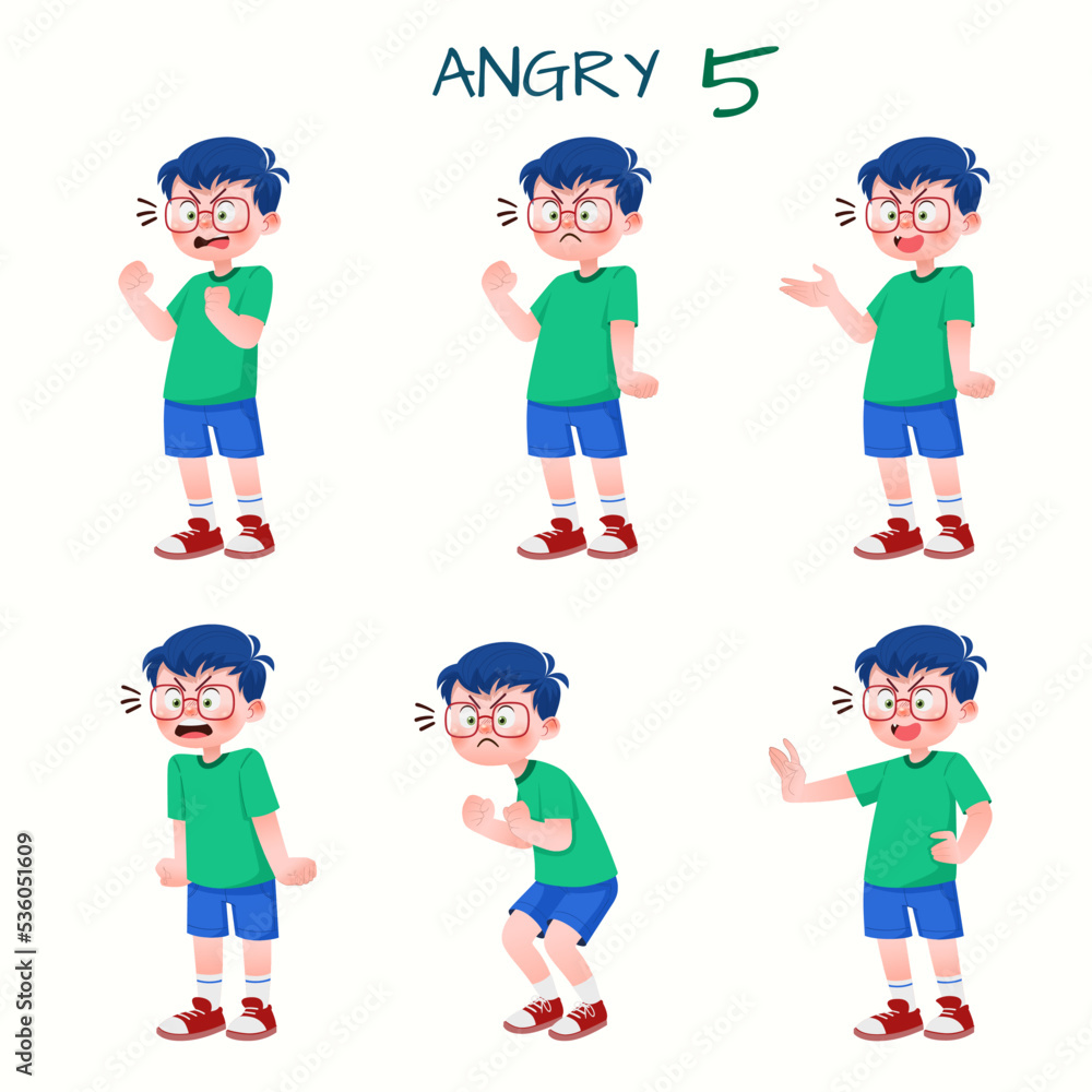 Set of kid boys showing angry expression.Vector illustration. Set of kid boys showing angry expression.Vector illustration.