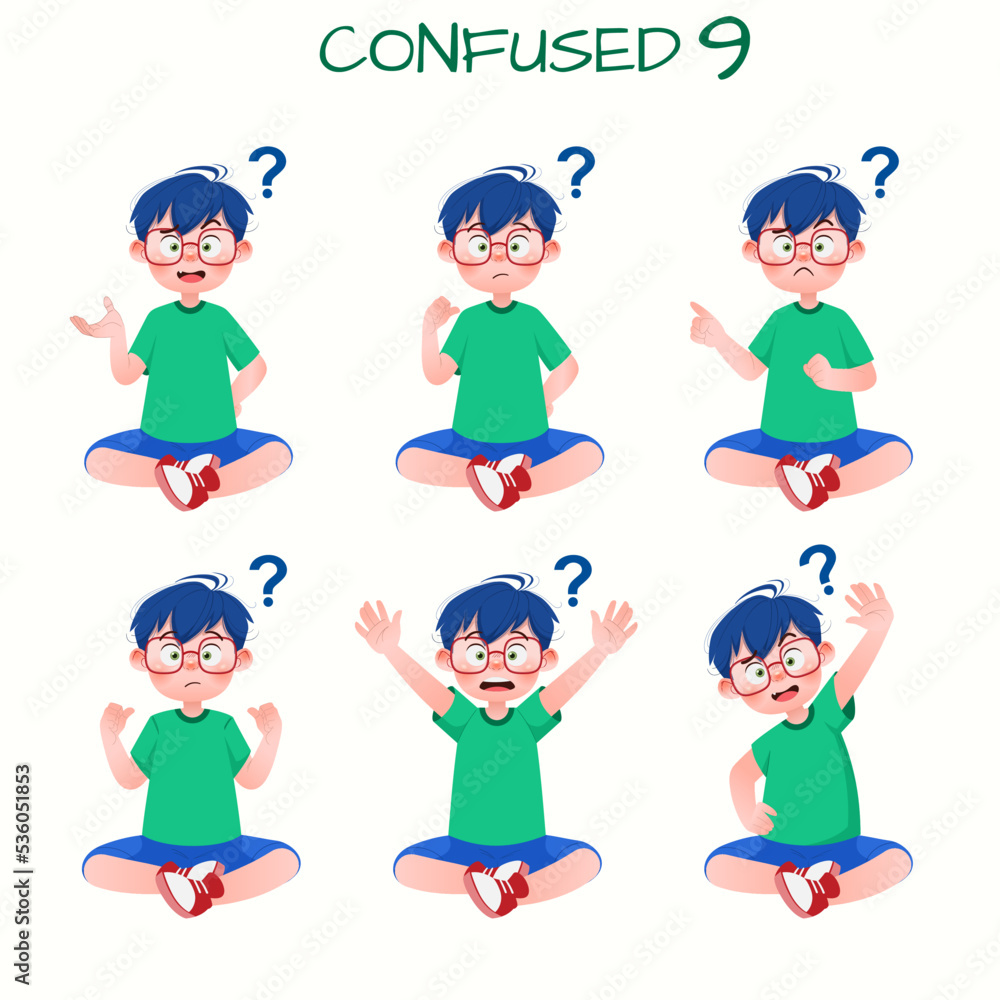 Set of kid boys showing confused expression.Vector illustration. Set of kid boys showing confused expression.Vector illustration.