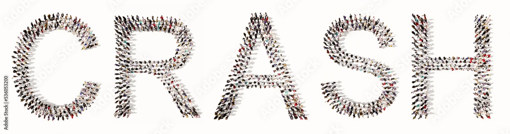 Concept or conceptual large community of people forming the word CRASH. 3d illustration metaphor for economic and financial crisis, inflation, unemployment, bankruptcy, higher debts and poverty Concept or conceptual large community of people forming the word CRASH. 3d illustration metaphor for economic and financial crisis, inflation, unemployment, bankruptcy, higher debts and poverty