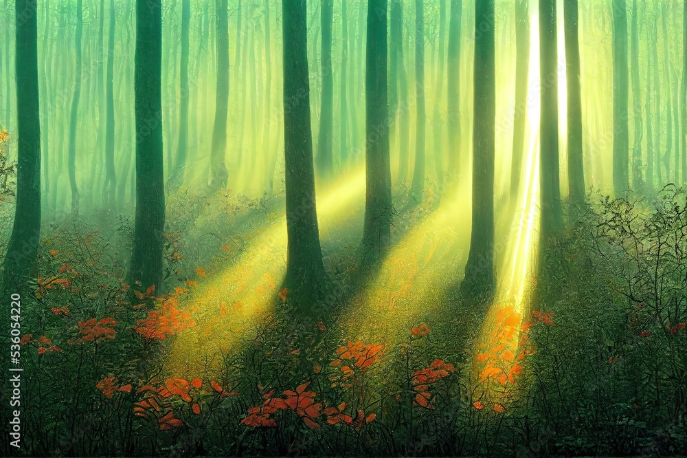 Obraz premium Sun rays in the forest. Sunbeams in green forest. Forest sunbeams background. Sunrays in forest