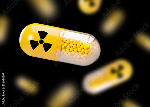 Anti-Radiation Pills, Iodine tablets, tablets for radiation protection. Potassium iodine tablet protecting against the dangers of accidental exposure to radioactivity. Nuclear threats. 3d rendering. photo