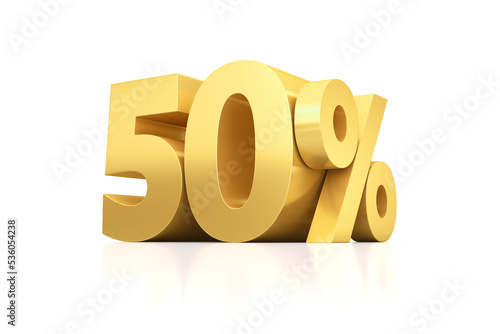 Golden fifty percent on a white mirror surface. 3d render illustration for advertising.