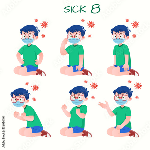 Set of kid boys showing sick expression.Vector illustration.