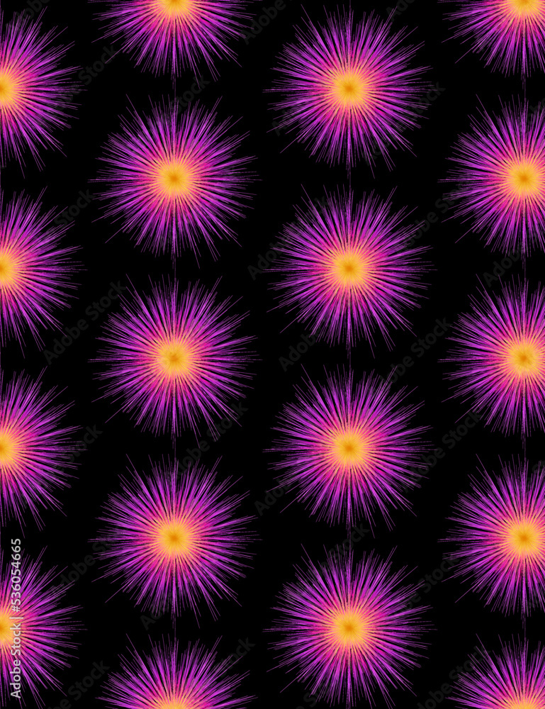 set seamless purple and yellow rays flower pattern background design vector on solid black color set seamless purple and yellow rays flower pattern background design vector on solid black color