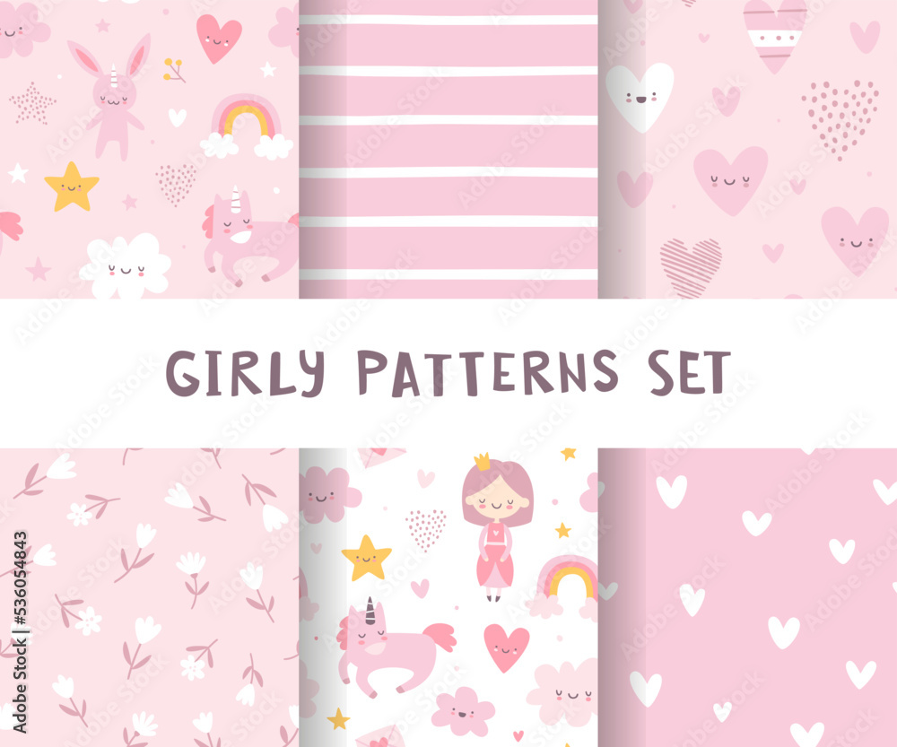 Girly pattern pink collection. Cute seamless vector prints set. Baby patterns bundle for apparel and textile. Girly pattern pink collection. Cute seamless vector prints set. Baby patterns bundle for apparel and textile.