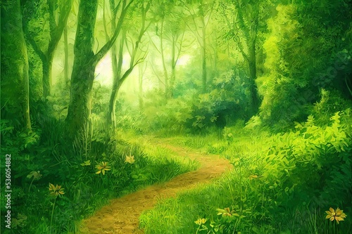 Trail in woods landscape summer scene illustration. Path between trees, green grass, forest wild animals, bushes and leaves on trees. Nature scene of garden or natural park in daylight, adventure time