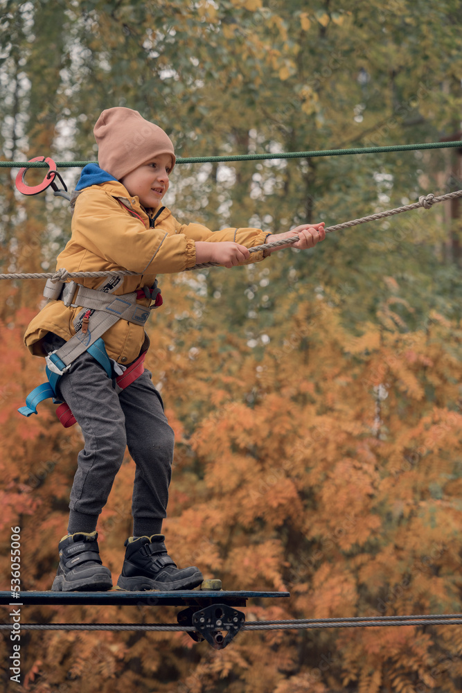 Happy boy cheering while climbing a net. Child crawling on rope mesh at playground. High quality photo Happy boy cheering while climbing a net. Child crawling on rope mesh at playground. High quality photo