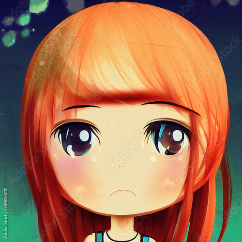 chibi girl thinking with red hairs and big eyes