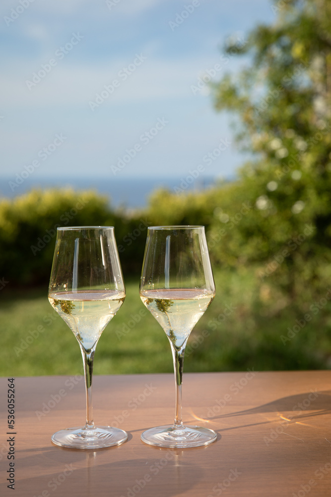 Two white wine glasses on mountain landscape background Two white wine glasses on mountain landscape background
