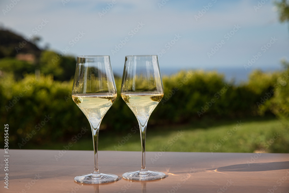 Two white wine glasses on mountain landscape background Two white wine glasses on mountain landscape background