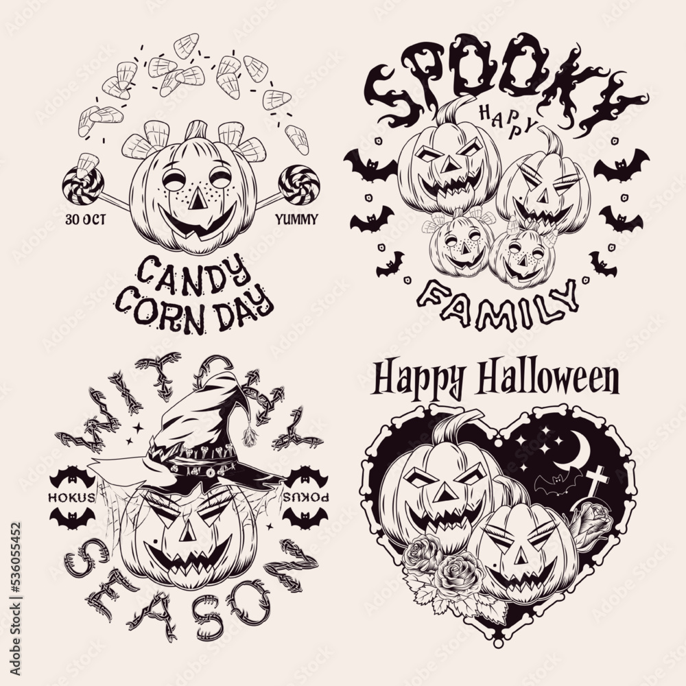 Set of 4 labels with pumpkins like human characters, sweets, candy, bones, bat, witch hat, text. Halloween monochrome funny emblems in vintage style on a white background Set of 4 labels with pumpkins like human characters, sweets, candy, bones, bat, witch hat, text. Halloween monochrome funny emblems in vintage style on a white background