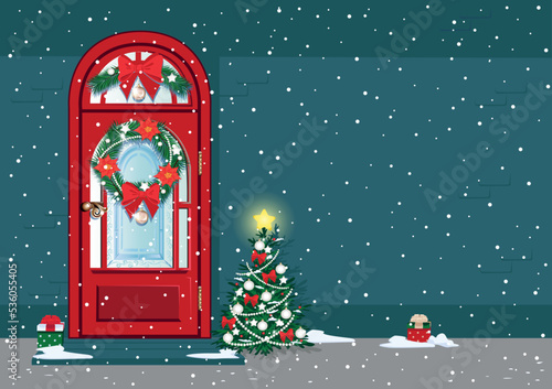 Christmas cards with a door decorated with a Christmas wreath and a garland for day and evening. Merry christmas and happy new year. Vector illustration.